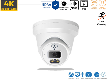 4K 8MP Smart Dual-light Turret IP Indoor/Outdoor Human/Vehicle Detect/Line Crossing Infrared Dome Security PoE Camera w/ 2.8mm Fixed Lens & Two-Way Audio