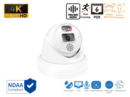 8MP 4K PoE Network Camera with Red & Blue Flashing Active Deterrence Two-Way Audio and H.265 Video Standard