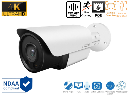 4K 8MP IP Indoor/Outdoor Human/Vehicle Detect/Line Crossing Infrared Bullet Security Camera with 2.8mm Fixed Lens