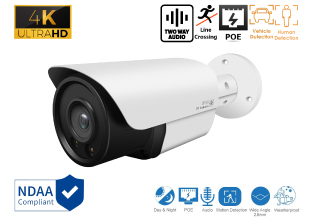4K 8MP IP Indoor/Outdoor Human/Vehicle Detect/Line Crossing Infrared Bullet Security Camera with 2.8mm Fixed Lens