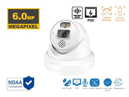 6MP IP Turret Indoor/Outdoor Human/Vehicle Detect Built in speaker and mic Infrared Dome Security Camera with 2.8mm Fixed Lens